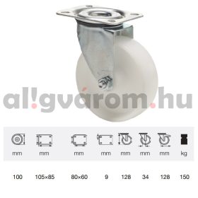   JPPN 1001 1100, Forgó kerék, (poliamid) műanyag futófelület, horganyzott villába szerelve, 100 mm, 150 kg teherbírás, talpas felfogatás