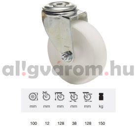   JPPN 1005 1100, Forgó kerék, (poliamid) műanyag futófelület, horganyzott villába szerelve, 100 mm, 150 kg teherbírás, furatos felfogatás