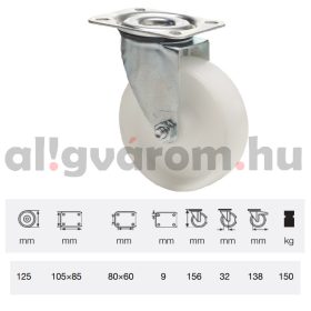   JPPN 1251 1100, Forgó kerék, (poliamid) műanyag futófelület, horganyzott villába szerelve, 125 mm, 150 kg teherbírás, talpas felfogatás