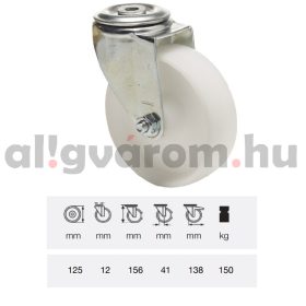   JPPN 1255 1100, Forgó kerék, (poliamid) műanyag futófelület, horganyzott villába szerelve, 125 mm, 150 kg teherbírás, furatos felfogatás
