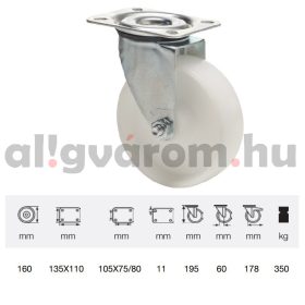   JPPN 1603 1100, Forgó kerék, (poliamid) műanyag futófelület, horganyzott villába szerelve, 160 mm, 350 kg teherbírás, talpas felfogatás