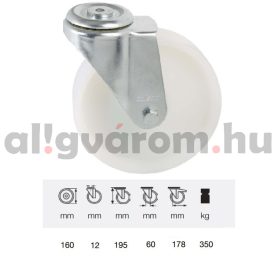   JPPN 1607 1100, Forgó kerék, (poliamid) műanyag futófelület, horganyzott villába szerelve, 160 mm, 350 kg teherbírás, furatos felfogatás