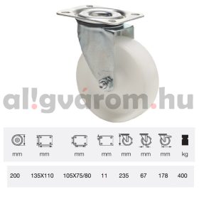   JPPN 2003 1100, Forgó kerék, (poliamid) műanyag futófelület, horganyzott villába szerelve, 200 mm, 400 kg teherbírás, talpas felfogatás
