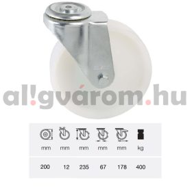   JPPN 2007 1100, Forgó kerék, (poliamid) műanyag futófelület, horganyzott villába szerelve, 200 mm, 400 kg teherbírás, furatos felfogatás