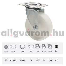   JPPP 0801 1100, Forgó kerék, (polipropilén) műanyag futófelület, horganyzott villába szerelve, 80 mm, 150 kg teherbírás, talpas felfogatás