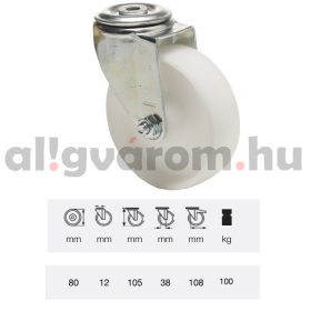   JPPP 0805 1100, Forgó kerék, (polipropilén) műanyag futófelület, horganyzott villába szerelve, 80 mm, 150 kg teherbírás, furatos felfogatás