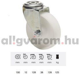   JPPP 1005 1100, Forgó kerék, (polipropilén) műanyag futófelület, horganyzott villába szerelve, 100 mm, 150 kg teherbírás, furatos felfogatás
