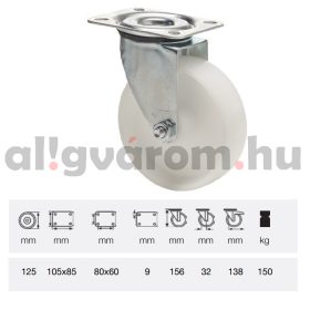   JPPP 1251 1100, Forgó kerék, (polipropilén) műanyag futófelület, horganyzott villába szerelve, 125 mm, 150 kg teherbírás, talpas felfogatás