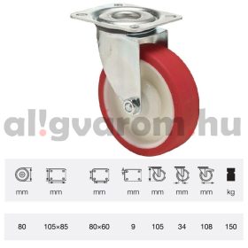   JPPU 0801 5100, Forgó kerék, Poluretán futófelülettel, horganyzott villába szerelve, 80 mm, 150 kg teherbírás, talpas felfogatás