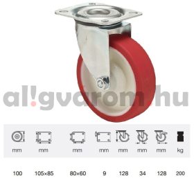   JPPU 1001 5100, Forgó kerék, Poluretán futófelülettel, horganyzott villába szerelve, 100 mm, 150 kg teherbírás, talpas felfogatás