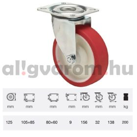   JPPU 1251 5100, Forgó kerék, Poluretán futófelülettel, horganyzott villába szerelve, 125 mm, 150 kg teherbírás, talpas felfogatás