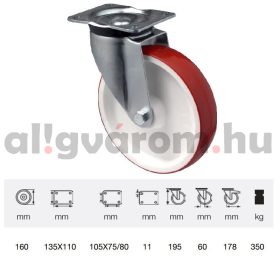   JPPU 1603 2100, Forgó kerék, Poluretán futófelülettel, horganyzott villába szerelve, 160 mm, 300 kg teherbírás, talpas felfogatás