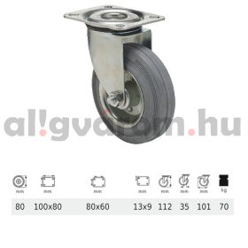   JPSG 0801 2100 L, Forgó kerék, szürke (nyommentes) gumi futófelület, 80 mm, 70 kg teherbírás, talpas felfogatás