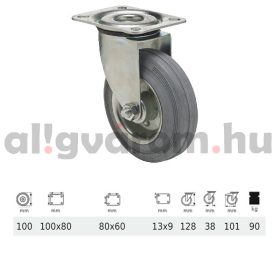   JPSG 1001 2100 L, Forgó kerék, szürke (nyommentes) gumi futófelület, 100 mm, 90 kg teherbírás, talpas felfogatás
