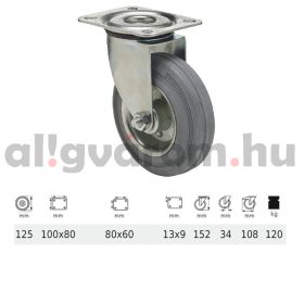   JPSG 1251 2100 L, Forgó kerék, szürke (nyommentes) gumi futófelület, 125 mm, 120 kg teherbírás, talpas felfogatás