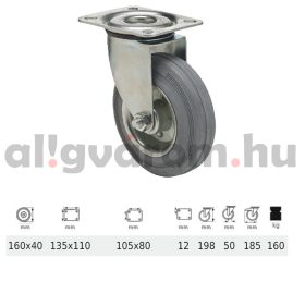   JPSG 1603 2100 W, Forgó kerék, szürke (nyommentes) gumi futófelület, 160 mm, 160 kg teherbírás, talpas felfogatás