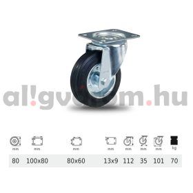   JPSM 0801 2100 L, Forgó kerék, fekete gumi futófelület, 80 mm, 70 kg teherbírás, talpas felfogatás