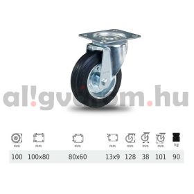   JPSM 1001 2100 L, Forgó kerék, fekete gumi futófelület, 100 mm, 90 kg teherbírás, talpas felfogatás