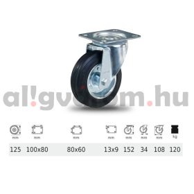   JPSM 1251 2100 L, Forgó kerék, fekete gumi futófelület, 125 mm, 120 kg teherbírás, talpas felfogatás