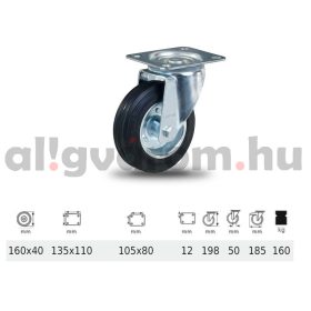   JPSM 1603 2100 W, Forgó kerék, fekete gumi futófelület, 160 mm, 160 kg teherbírás, talpas felfogatás