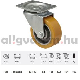   JTAU 1252 6150, Forgó kerék, Poluretán futófelülettel, horganyzott villába szerelve, 125 mm, 250 kg teherbírás, talpas felfogatás
