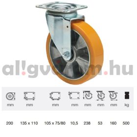   JTAU 2003 6440, Forgó kerék, Poluretán futófelülettel, horganyzott villába szerelve, 200 mm, 500 kg teherbírás, talpas felfogatás