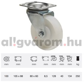   JTPN 1002 5100, Forgó kerék, (poliamid) műanyag futófelület, horganyzott villába szerelve, 100 mm, 250 kg teherbírás, talpas felfogatás
