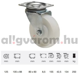   JTPN 1252 5100, Forgó kerék, (poliamid) műanyag futófelület, horganyzott villába szerelve, 125 mm, 250 kg teherbírás, talpas felfogatás