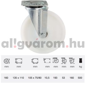   JTPN 1603 6100, Forgó kerék, (poliamid) műanyag futófelület, horganyzott villába szerelve, 160 mm, 500 kg teherbírás, talpas felfogatás