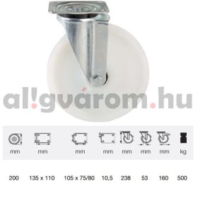   JTPN 2003 6100, Forgó kerék, (poliamid) műanyag futófelület, horganyzott villába szerelve, 200 mm, 500 kg teherbírás, talpas felfogatás