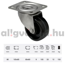   JXFL 0801 1000, Hőálló (+280oC-ig) Forgó kerék, rozsdamentes villába szerelve, fenolgyantával kevert futófelület,  80 mm, 150 kg teherbírás, talpas felfogatás