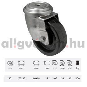   JXFL 0805 1000, Hőálló (+280oC-ig) Forgó kerék, rozsdamentes villába szerelve, fenolgyantával kevert futófelület,  80 mm, 150 kg teherbírás, furatos felfogatás