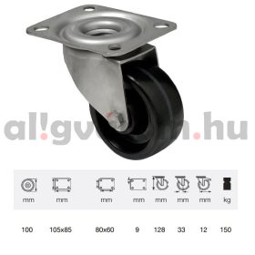   JXFL 1001 1000, Hőálló (+280oC-ig) Forgó kerék, rozsdamentes villába szerelve, fenolgyantával kevert futófelület, 100 mm, 150 kg teherbírás, talpas felfogatás