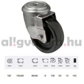   JXFL 1005 1000, Hőálló (+280oC-ig) Forgó kerék, rozsdamentes villába szerelve, fenolgyantával kevert futófelület, 100 mm, 150 kg teherbírás, furatos felfogatás