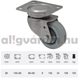   JXPF 0801 7100, Forgó kerék, rozsdamentes villába szerelve, prémium PERFORMA tömörgumi futófelület, 80 mm, 150 kg teherbírás, talpas felfogatás