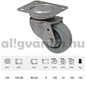   JXPF 1001 7100, Forgó kerék, rozsdamentes villába szerelve, prémium PERFORMA tömörgumi futófelület, 100 mm, 150 kg teherbírás, talpas felfogatás