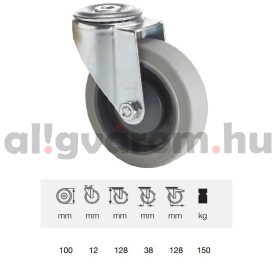   JXPF 1005 7000, Forgó kerék, rozsdamentes villába szerelve, prémium PERFORMA tömörgumi futófelület, 100 mm, 150 kg teherbírás, furatos felfogatás