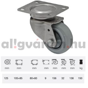   JXPF 1251 7100, Forgó kerék, rozsdamentes villába szerelve, prémium PERFORMA tömörgumi futófelület, 125 mm, 150 kg teherbírás, talpas felfogatás