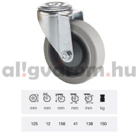   JXPF 1255 7000, Forgó kerék, rozsdamentes villába szerelve, prémium PERFORMA tömörgumi futófelület, 125 mm, 150 kg teherbírás, furatos felfogatás