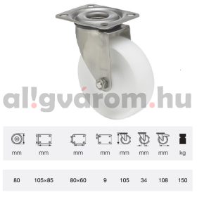   JXPN 0801 1100, Forgó kerék, (poliamid) műanyag futófelület, rozsdamentes villába szerelve, 80 mm, 150 kg teherbírás, talpas felfogatás