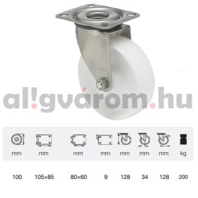   JXPN 1001 1100, Forgó kerék, (poliamid) műanyag futófelület, rozsdamentes villába szerelve, 100 mm, 200 kg teherbírás, talpas felfogatás