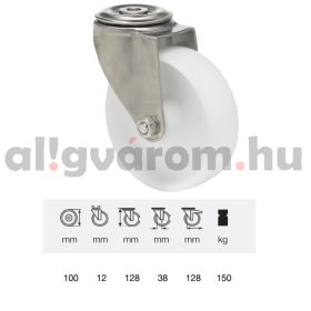   JXPN 1005 1000, Forgó kerék, (poliamid) műanyag futófelület, rozsdamentes villába szerelve, 100 mm, 150 kg teherbírás, furatos felfogatás