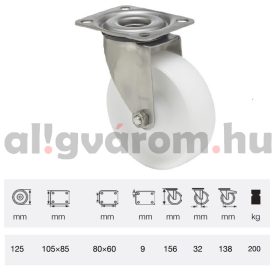   JXPN 1251 1100, Forgó kerék, (poliamid) műanyag futófelület, rozsdamentes villába szerelve, 125 mm, 200 kg teherbírás, talpas felfogatás