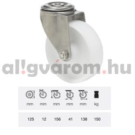   JXPN 1255 1000, Forgó kerék, (poliamid) műanyag futófelület, rozsdamentes villába szerelve, 125 mm, 150 kg teherbírás, furatos felfogatás