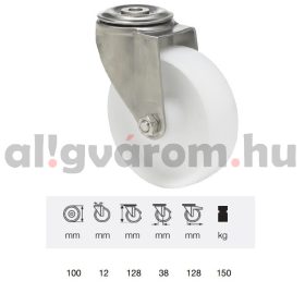   JXPP 1005 1000, Forgó kerék, (polipropilén) műanyag futófelület, horganyzott villába szerelve, 100 mm, 160 kg teherbírás, furatos felfogatás