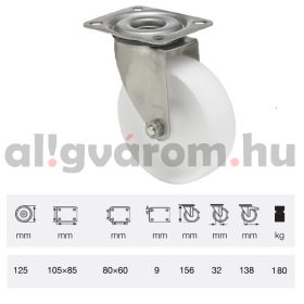   JXPP 1251 1000, Forgó kerék, (polipropilén) műanyag futófelület, horganyzott villába szerelve, 125 mm, 180 kg teherbírás, talpas felfogatás