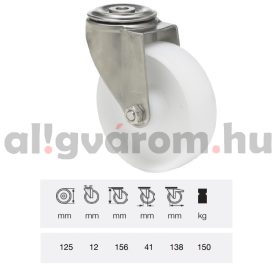   JXPP 1255 1000, Forgó kerék, (polipropilén) műanyag futófelület, horganyzott villába szerelve, 125 mm, 180 kg teherbírás, furatos felfogatás