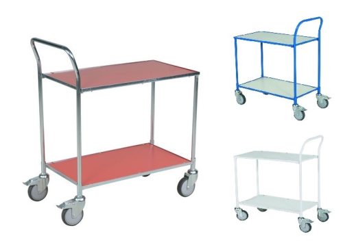 Kétszintes szervizkocsi, kézikocsi 150 kg teherbírás, fékezhető kerekek 425x765 mm cm-es rakfelület piros színben