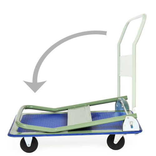 Kézikocsi ládaszállító kiskocsi 150 kg teherbírás, összecsukható. Könnyű, csak 8 kg, a gumírozott rakfelület mérete: 70x43 cm lehajtható karral