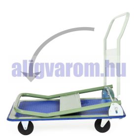   Kézikocsi  ládaszállító  kiskocsi 300 kg teherbírás, összecsukható. Könnyű, csak 8 kg, a gumírozott rakfelület mérete: 88x58 cm lehajtható karral